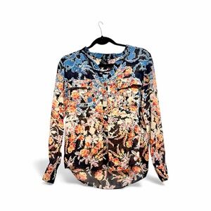 BCBG Maxazria Black Sheer Floral Silk Long Sleeve Button Up Sz XS